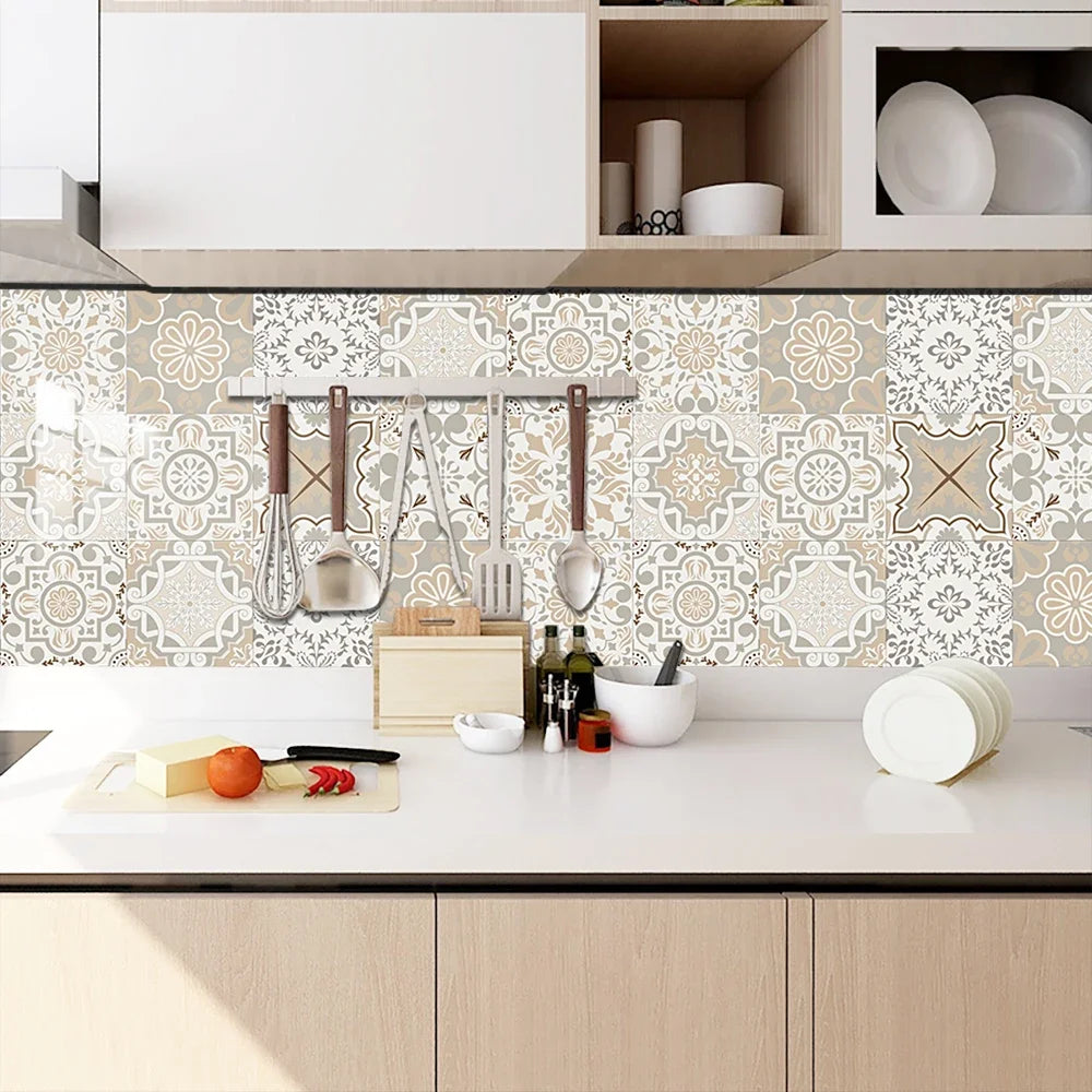 10pcs/set Portuguese Style Tiles Sticker Kitchen Backsplash Oil-proof Cupboard Washbasin Peel &amp; Stick Waterproof Art Wall Decals