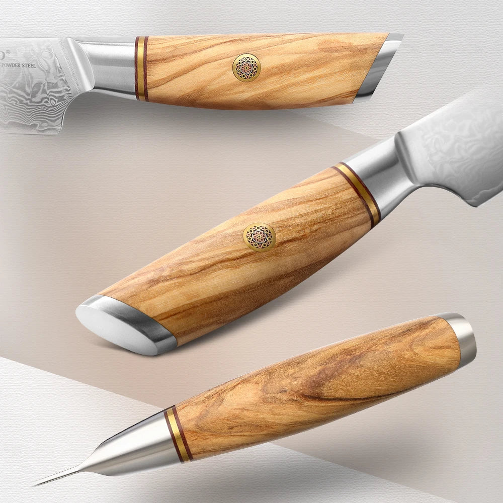 XINZUO 1PC-3PCS Damascus Japanese VG10 Steel Chef Knife Santoku Knife Utility Knife Olive Wood Handle with Copper Flower Nails - Daisan Mart