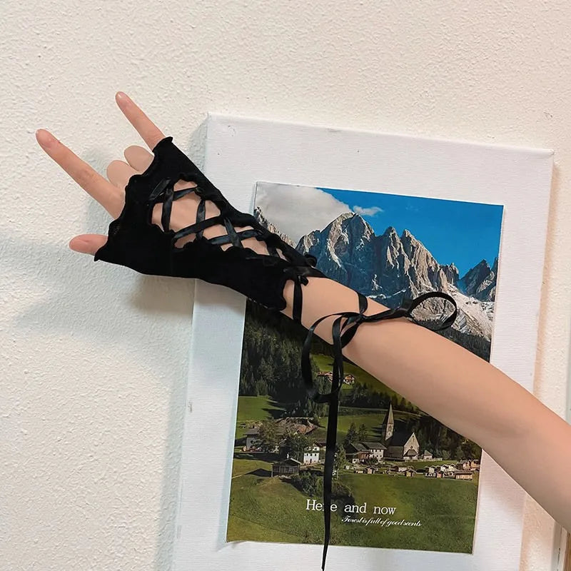 New Design Women Sexy Bandage Fingerless Gloves Gothic DIY Strapping Sunscreen Sleeve Lolita Jk Emo Y2k Elastic Mesh Punk Gloves - Daisan Mart
