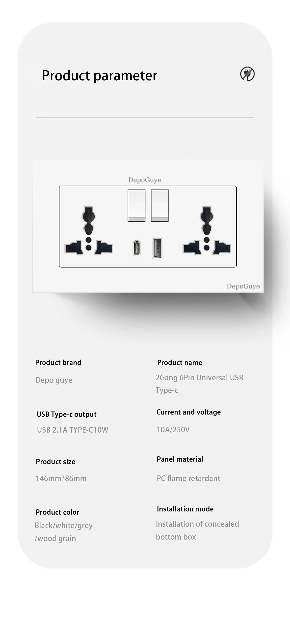 Universal 18W Type-C Plug Quick Charging Dual 3-pin Power Socket 220V,Wall electrical Socket with DC 5V 3.1A Type-c USB Charger
