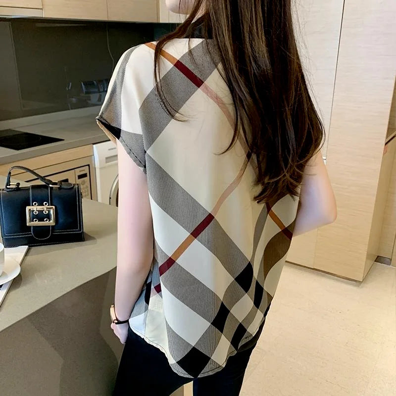 Office Wear Short Sleeve Chiffon Casual Pretty and Cheap Women's Blouses Korean Plaid Youth Woman Buttoned Shirts Trends Top Hot - Daisan Mart