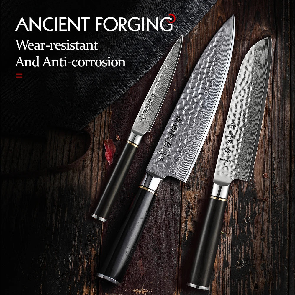 HEZHEN Japanese Kitchen Knife Set - High Quality Damascus Steel