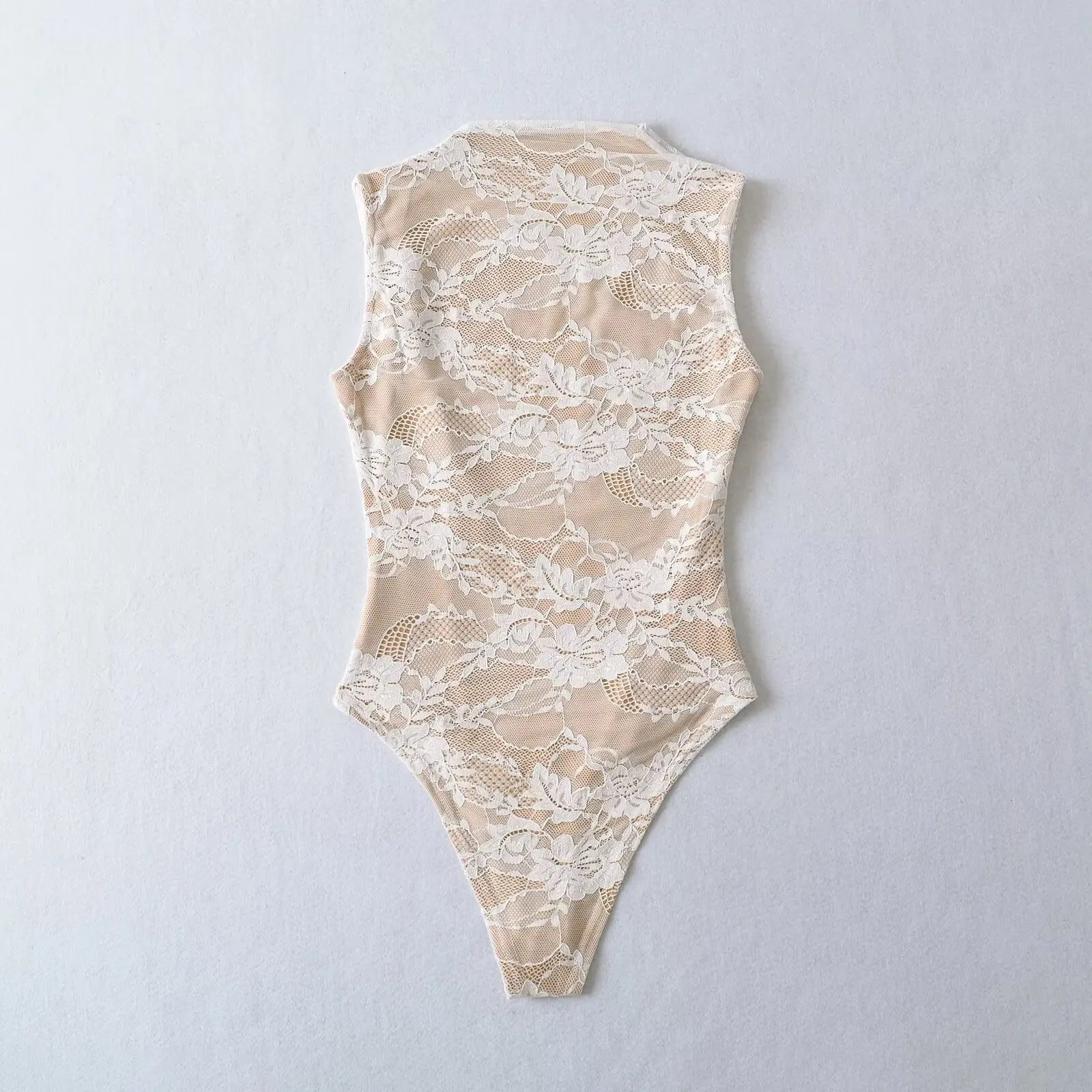 Fall 2025 color-blocked lace bodysuit, high neck, sleeveless, sexy