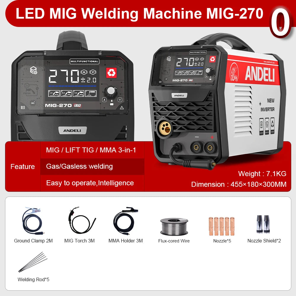 ANDELI Semi-automatic MIG welding machine MIG Lift TIG ARC Gas/Gasless Welding Inverter Synergy Multiprocess MIG Welders - Daisan Mart