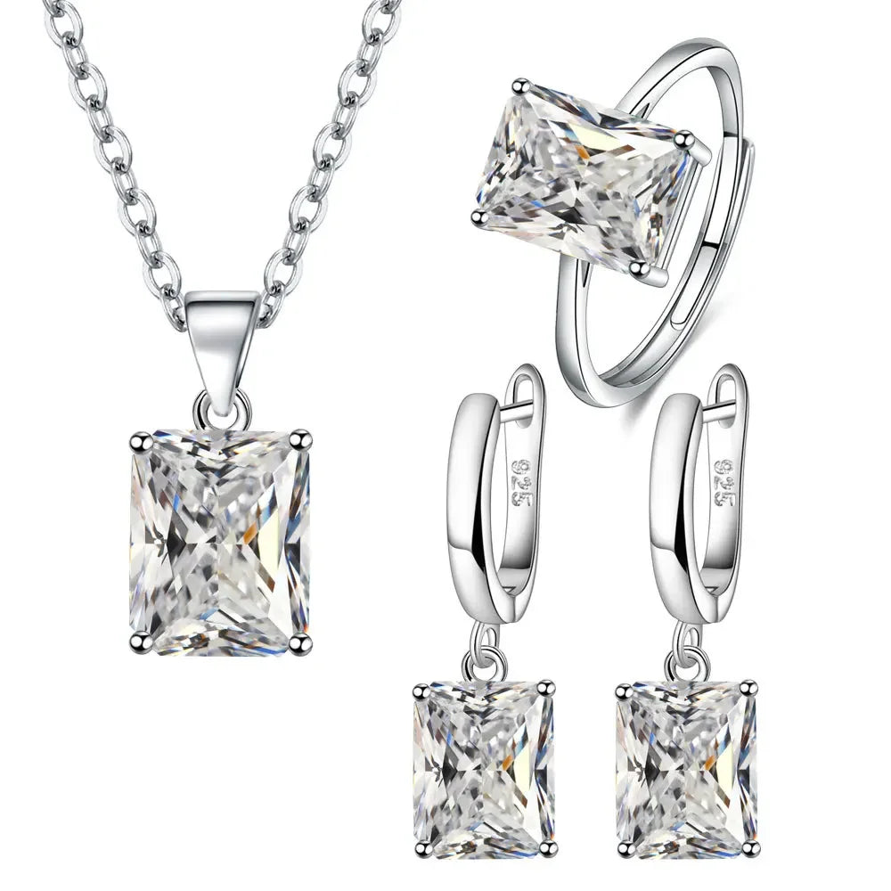 925 Silver Jewelry Set Elegant Rectangle Zircon