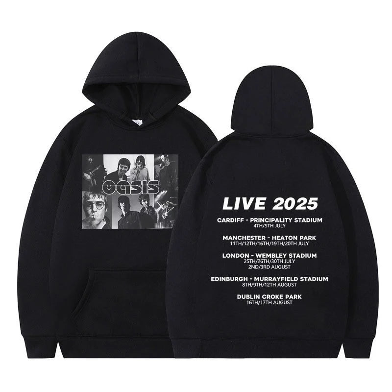 Áo hoodie đen với hình ảnh ban nhạc phía trước, chữ "LIVE 2025" và lịch diễn phía sau.