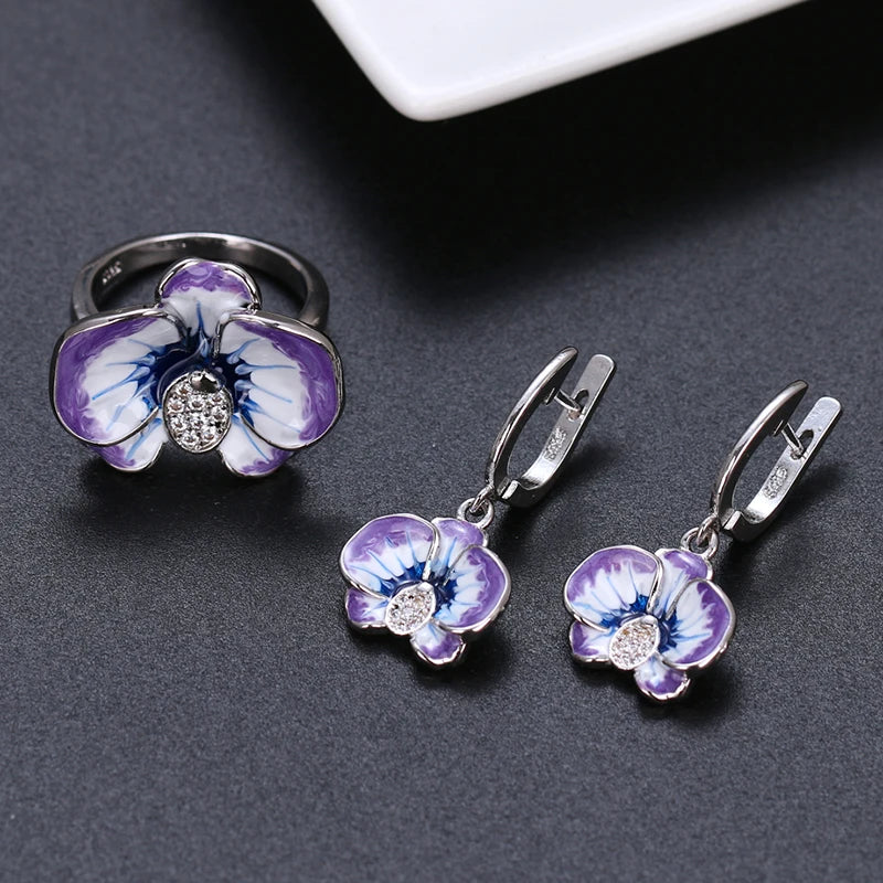 Women's Blue White CZ Zircon Silver Flower Jewelry Set