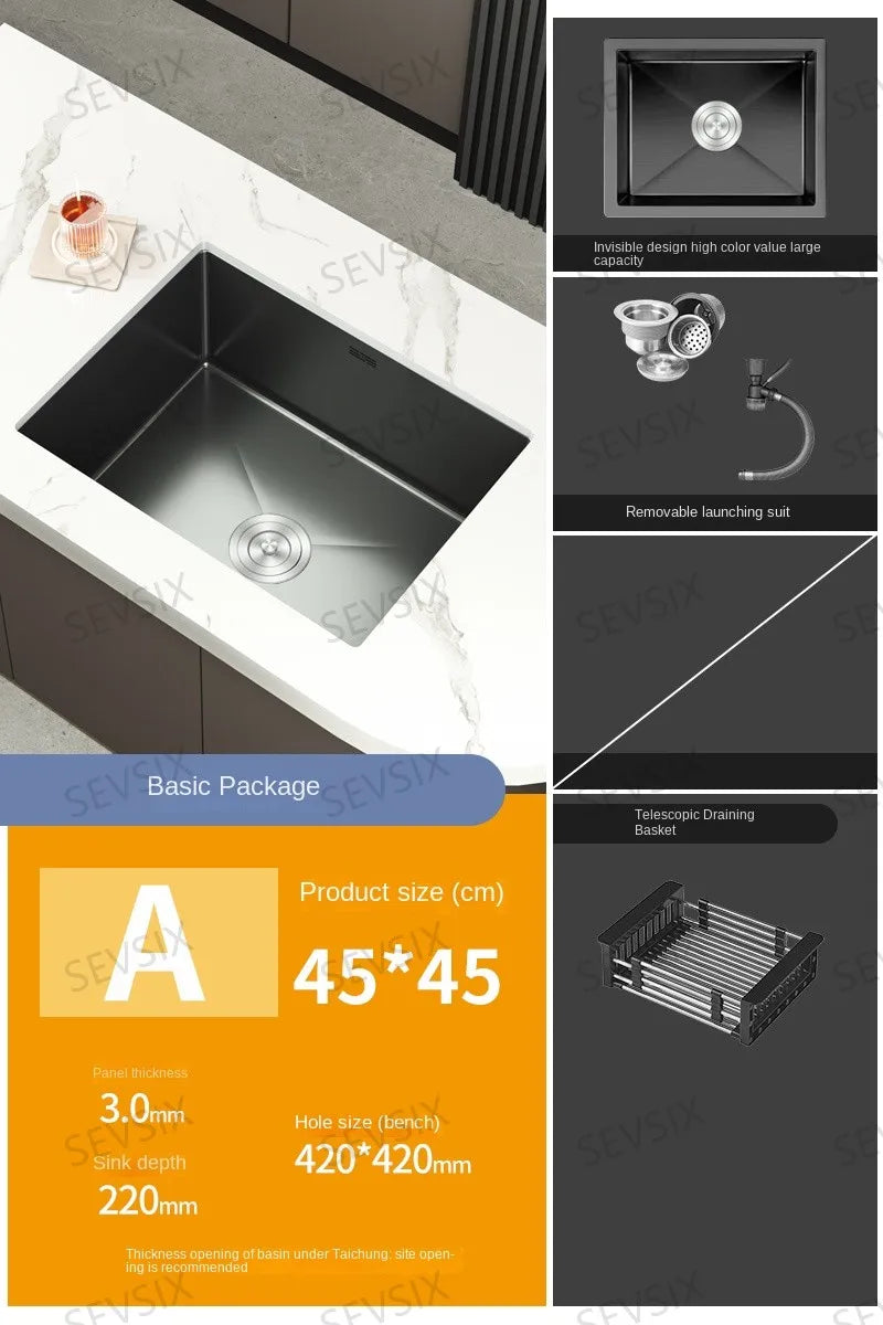 304 stainless steel Kitchen handmade small sink, single sink, vegetable washing basin, under counter, island counter, water bar - Daisan Mart