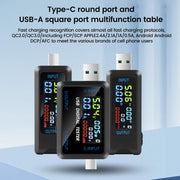Ba thiết bị đo điện kỹ thuật số USB với cổng Type-C và USB-A trên nền xanh lam.