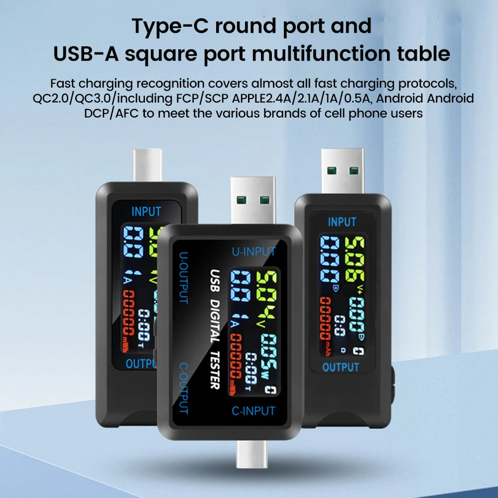 Ba thiết bị đo điện kỹ thuật số USB với cổng Type-C và USB-A trên nền xanh lam.