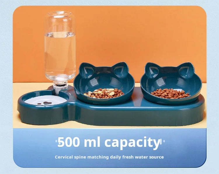 Pet Bowls With Water Feeder, 3 In 1 Ear Design Tilted Cat Water And Food Bowl Set With Gravity Water Bottle For Neck Protection - Daisan Mart