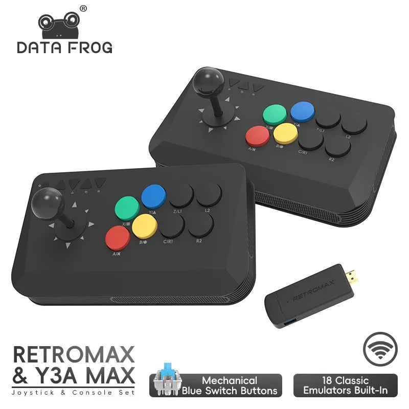 Hai tay cầm chơi game màu đen với các nút màu sắc và cần điều khiển. Có USB bên dưới.