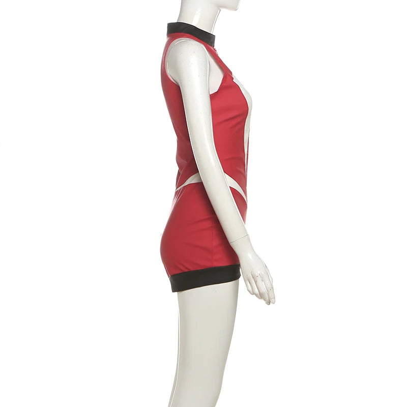 Women's Bodysuit Personality Leather Color-block Zipper Bodycon