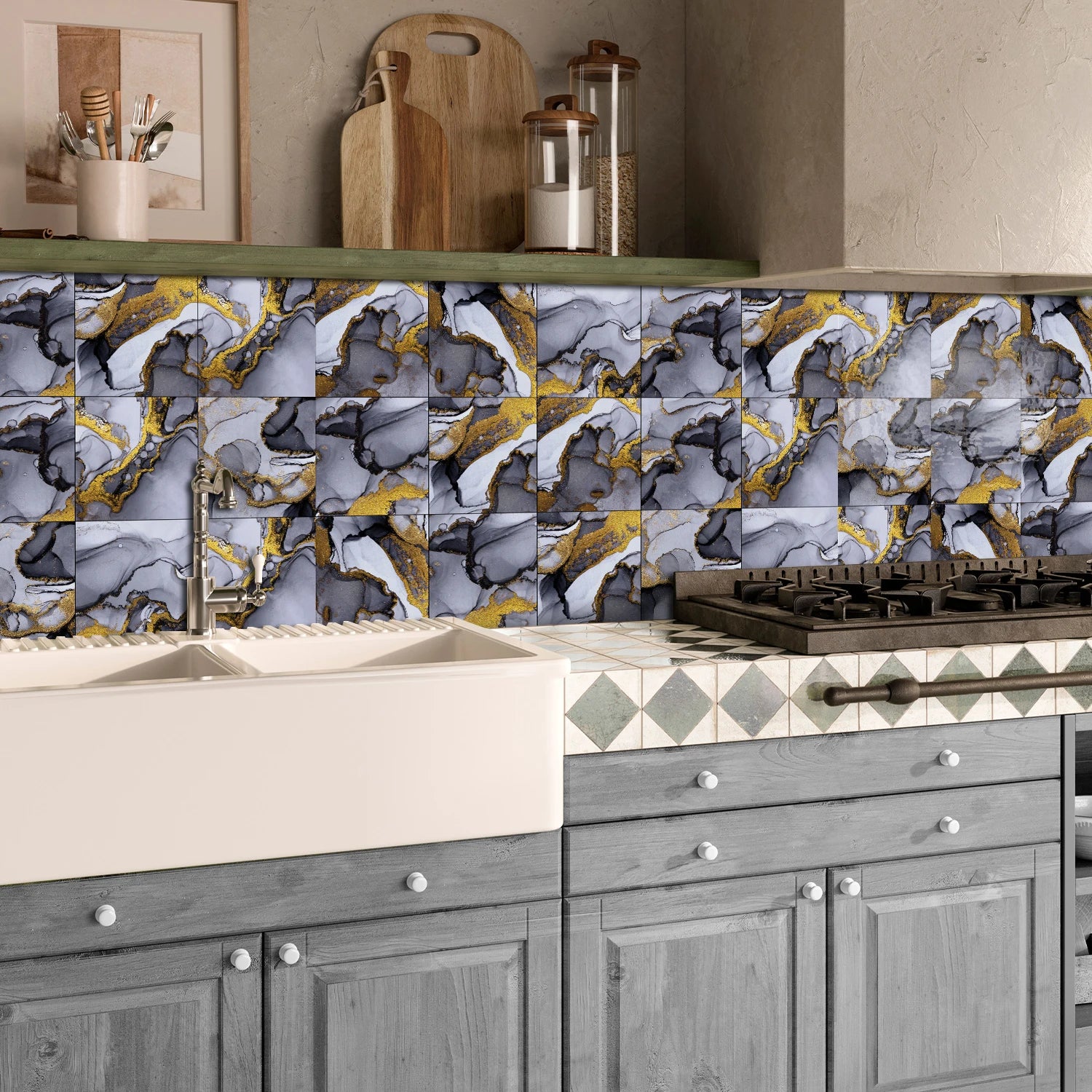 8PCS/Set Minimalist Black Marble Wall Stickers, Kitchen Bathroom Waterproof Self-Adhesive Ceramic Tile Stickers, Room Wallpaper