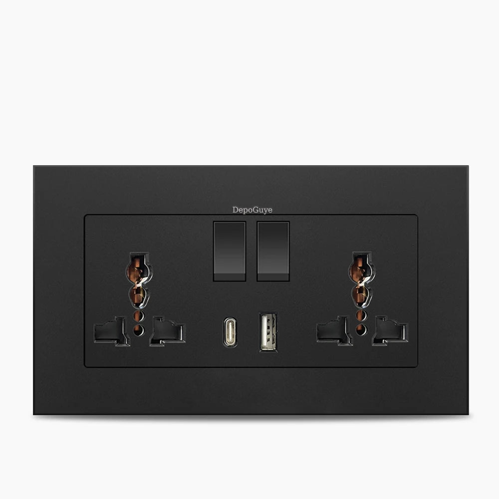 Universal 18W Type-C Plug Quick Charging Dual 3-pin Power Socket 220V,Wall electrical Socket with DC 5V 3.1A Type-c USB Charger