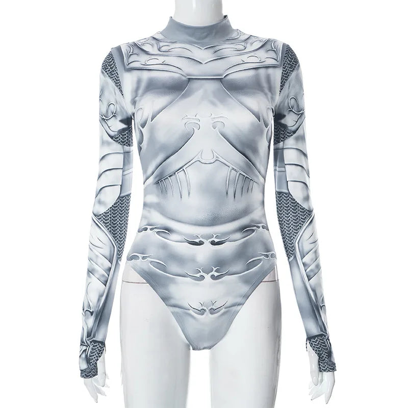Goth Dark Techwear Printed Y2k Fashion Bodysuits Cyber ​​Gothic Punk Long Sleeve T-shirts Bodycon Women Grunge Streetwear Bodysuit