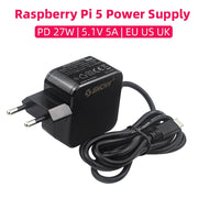 Bộ sạc Raspberry Pi 5 màu đen, công suất 27W, điện áp 5.1V, dòng điện 5A, kèm dây cáp USB-C.