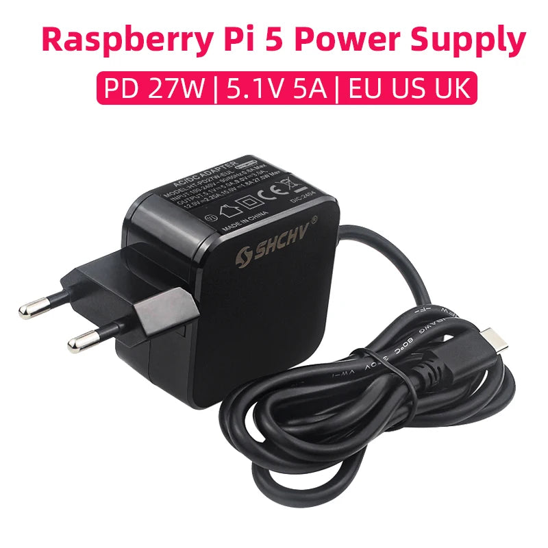 Bộ sạc Raspberry Pi 5 màu đen, công suất 27W, điện áp 5.1V, dòng điện 5A, kèm dây cáp USB-C.