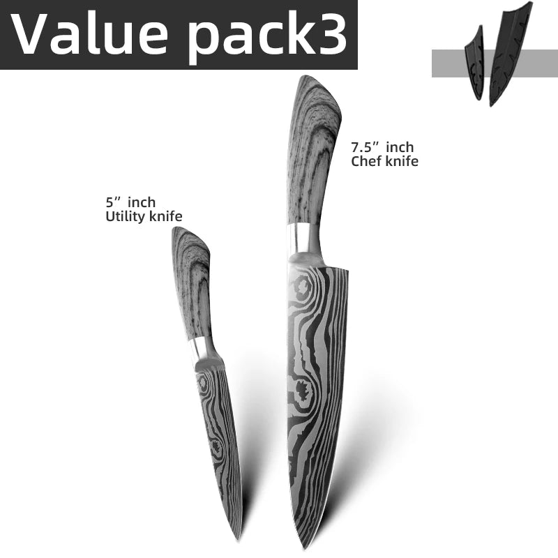 Bộ Dao Bếp Nhật Santoku 7Cr17 440C Vân Damascus