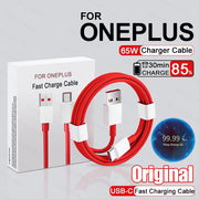 Cáp sạc nhanh USB-C màu đỏ cho OnePlus, công suất 65W, kèm hộp và hình tròn với hiệu suất 99.99%.