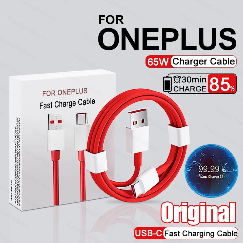 Cáp sạc nhanh USB-C màu đỏ cho OnePlus, công suất 65W, kèm hộp và hình tròn với hiệu suất 99.99%.
