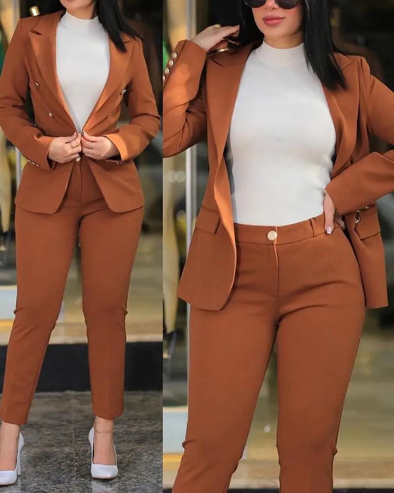 Office Lady Elegant Solid Two Piece Sets New Autumn Winter Women Fashion Lapel Long Sleeve Blazer & High Waist Work Pants Suit - Daisan Mart