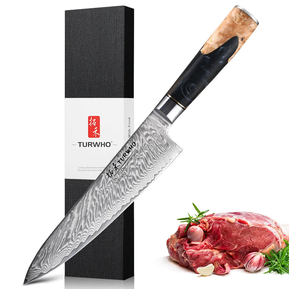 TURWHO 8 Inch Chef Knife Gyuto Knife Japanese Style VG10 Core Damascus Kitchen Knives Stainless Steel Butcher Knife Resin Handle - Daisan Mart