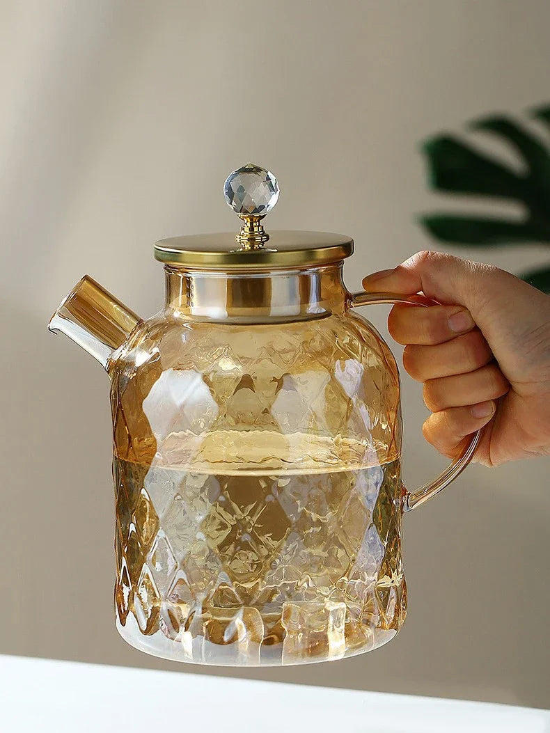 1/1.8L Tea Pot  High Borosilicate Glass Cold Water Kettle with Lid and Filter Amber Heat Resistant Tea Maker for Blooming Tea