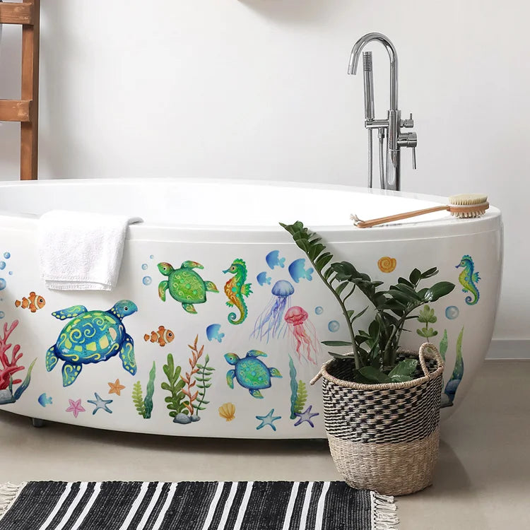 Cartoon Sea Turtle Seahorse Wall Stickers Kids Room Bathroom Decoration Mural Home Decor Self-adhesive Marine Animals Wallpaper