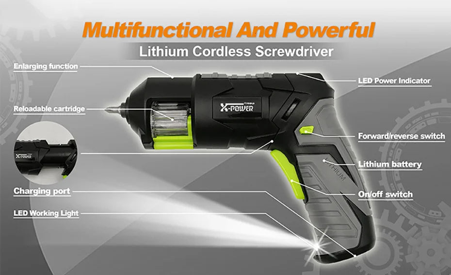 Mini Cordless Electric Screwdriver Pistol Rechargeable LED DIY 7-Piece