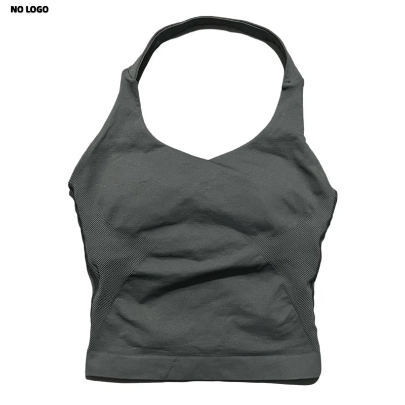 No Logo Women Halter Top Longline Strappy Tank Padded Yoga Clothing Fitness Running Activewear Gym Workout Tops - Daisan Mart