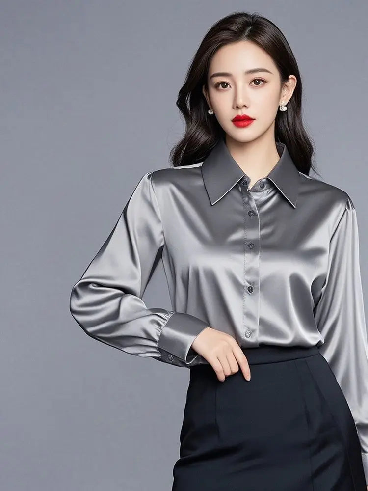 Áo Sơ Mi Lụa Công Sở Nữ Hàn Quốc Dáng Ôm Dài Tay - Daisan Mart