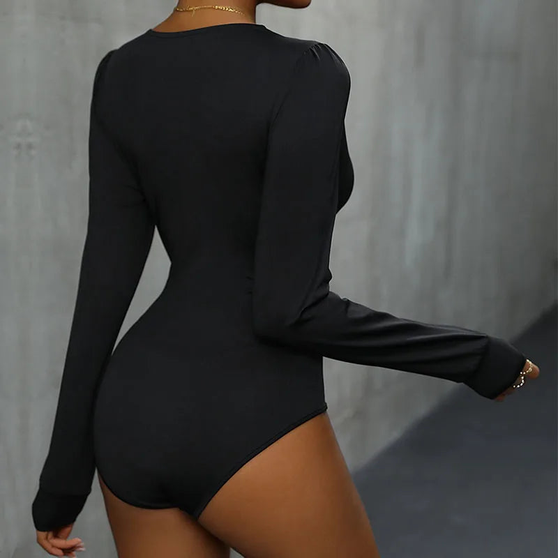 Benuynffy Sexy Deep V-neck Contrast Lace Bodysuit Women's Spring Fall Long Sleeve Club Party Elegant One-piece Body Tops - Daisan Mart
