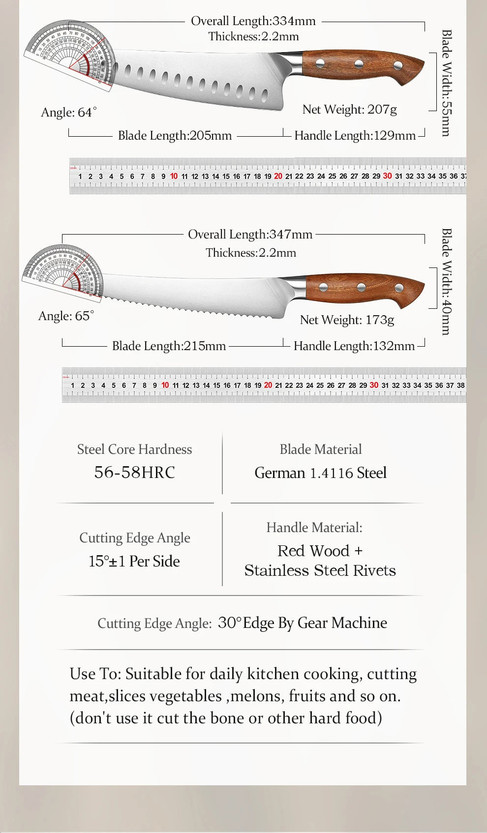 HEZHEN Kitchen Knife Set 1.4116 Steel Red Wood Handle