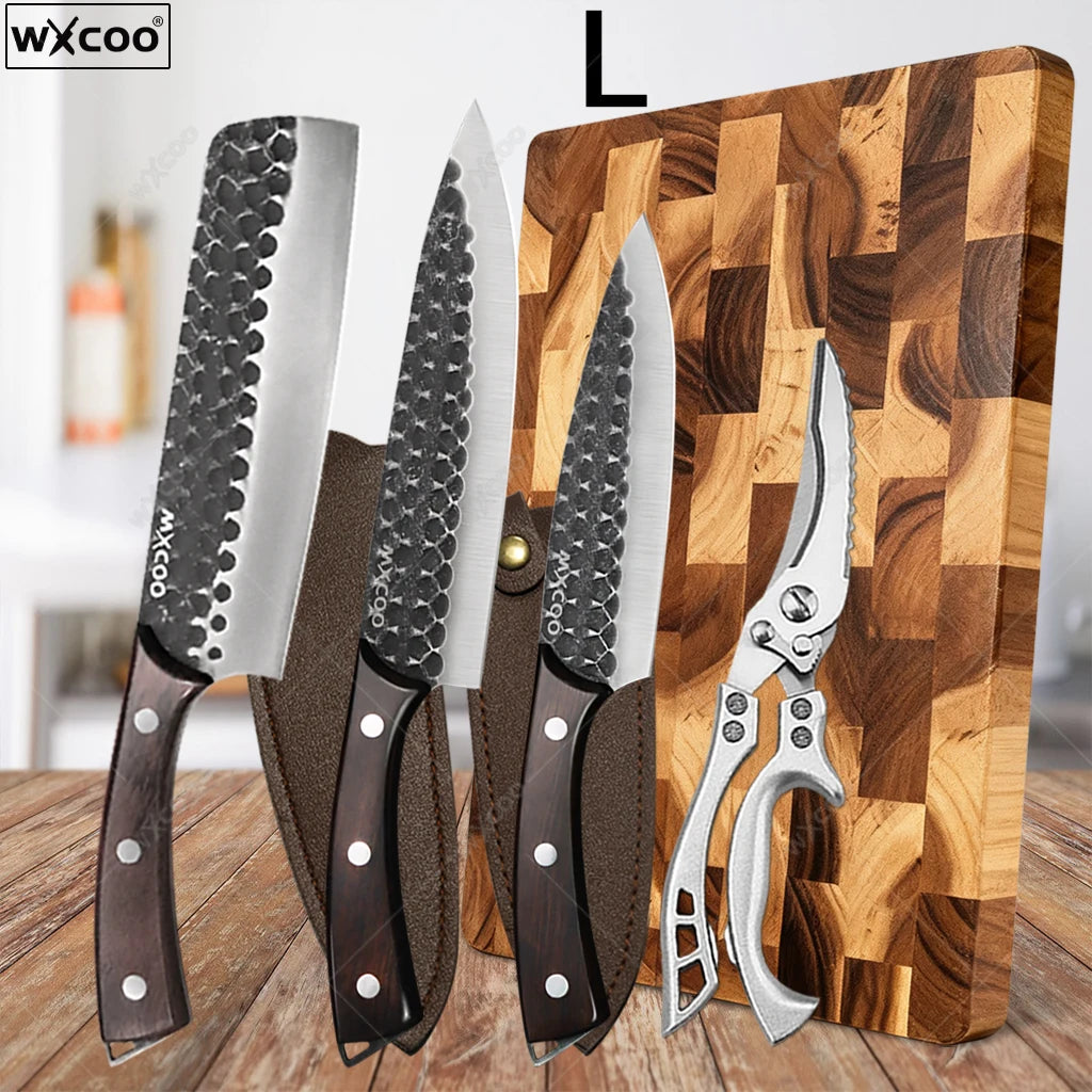 Multi-purpose Acacia Wood Cutting Board &amp; Stainless Steel Knives and Cutlery Set for Kitchen