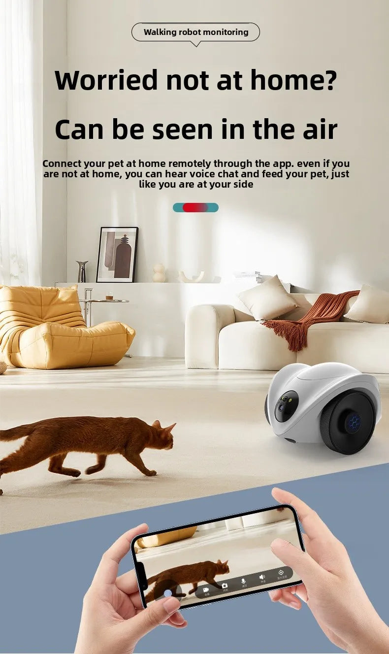 Intelligent pet feeder can be remotely controlled equipped with a camera capable of moving communication and featuring a laser