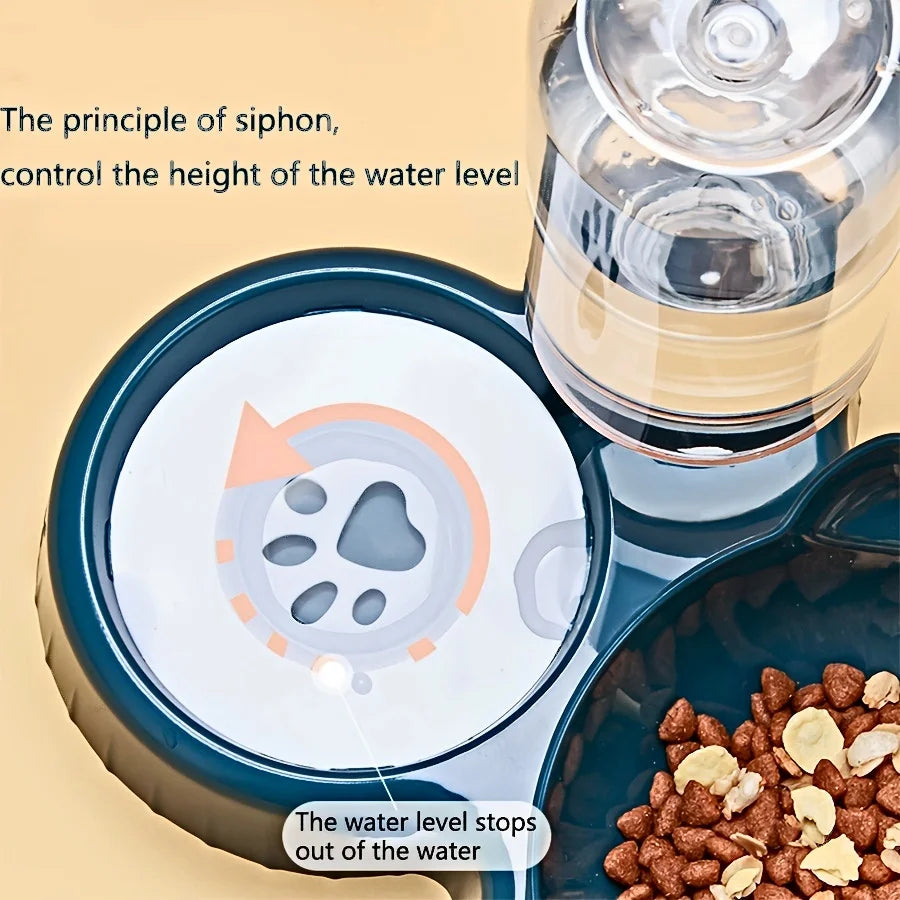 Pet Bowls With Water Feeder, 3 In 1 Ear Design Tilted Cat Water And Food Bowl Set With Gravity Water Bottle For Neck Protection - Daisan Mart