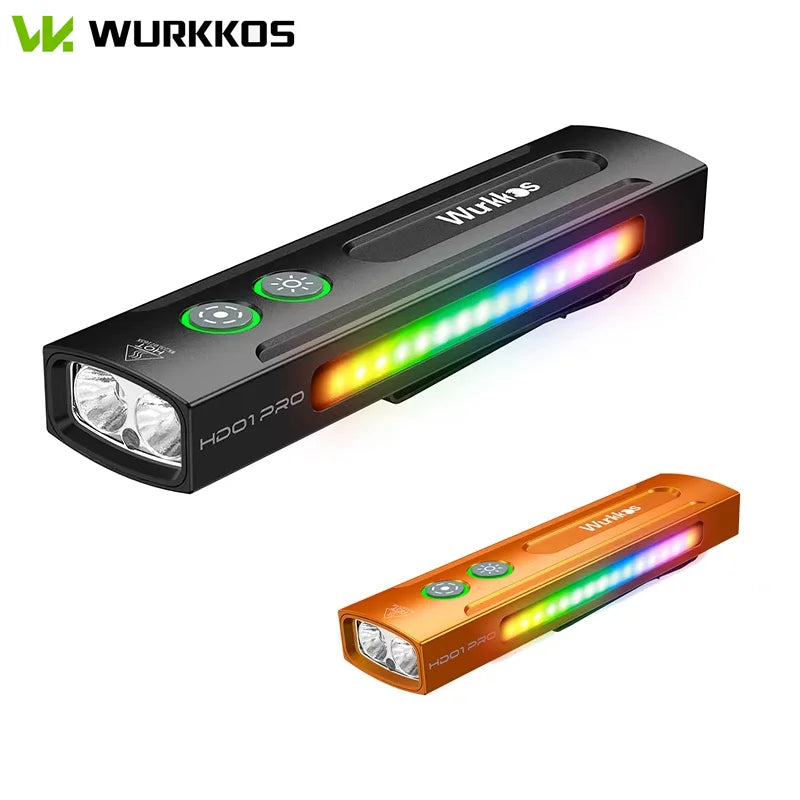 Đèn pin Wurkkos HD01PRO màu đen và cam, có dải LED nhiều màu và hai nút xanh lá trên thân.