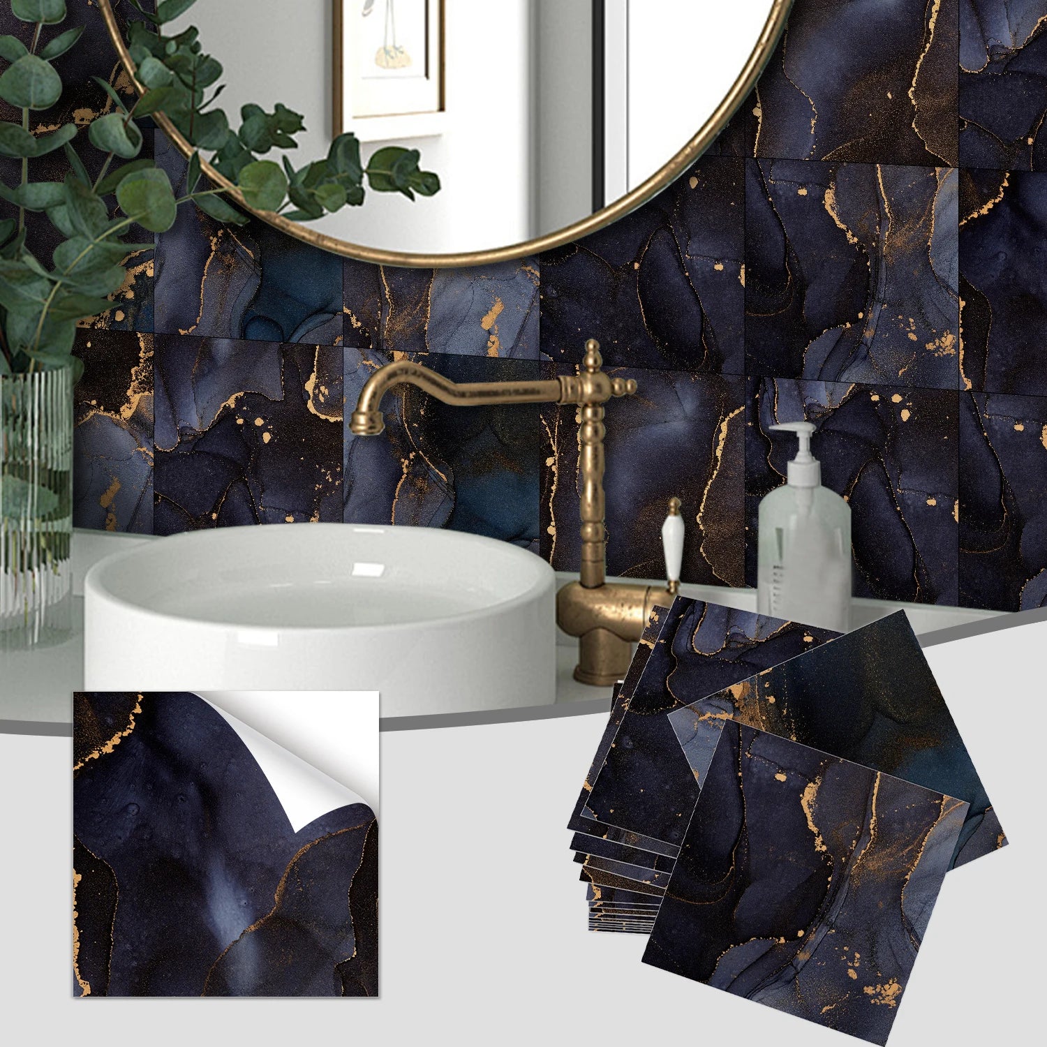 8PCS/Set Minimalist Black Marble Wall Stickers, Kitchen Bathroom Waterproof Self-Adhesive Ceramic Tile Stickers, Room Wallpaper
