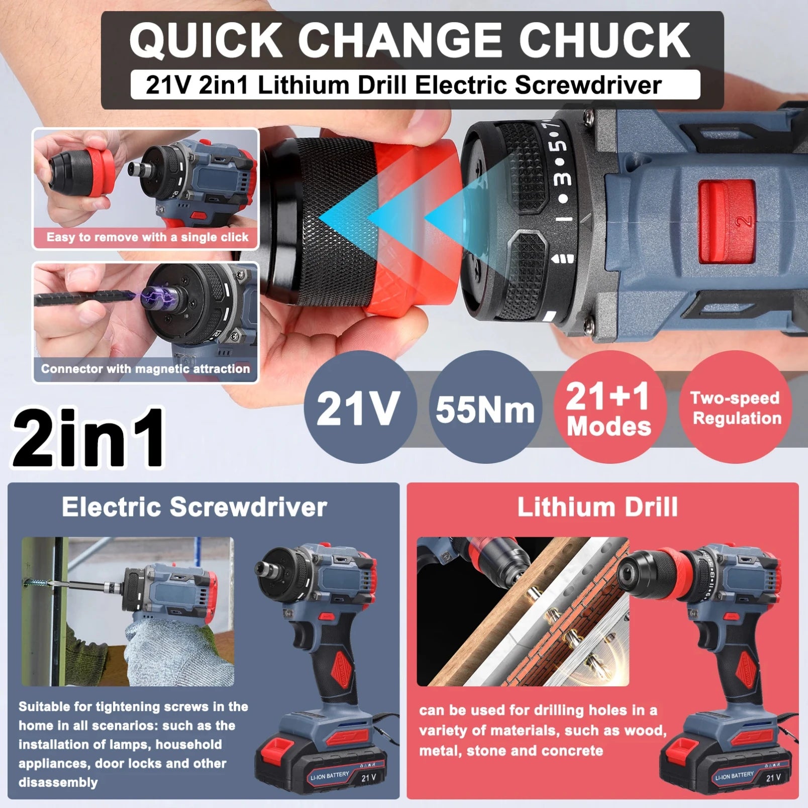 21V 2in1 Electric Drill Rechargeable Screwdriver 55Nm Torque Brushless Screwdriver Practical Screw Driver Repairing Power Tool