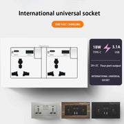 Ổ cắm quốc tế đa năng, màu trắng, với cổng USB-C và USB-A, hỗ trợ sạc nhanh 18W.