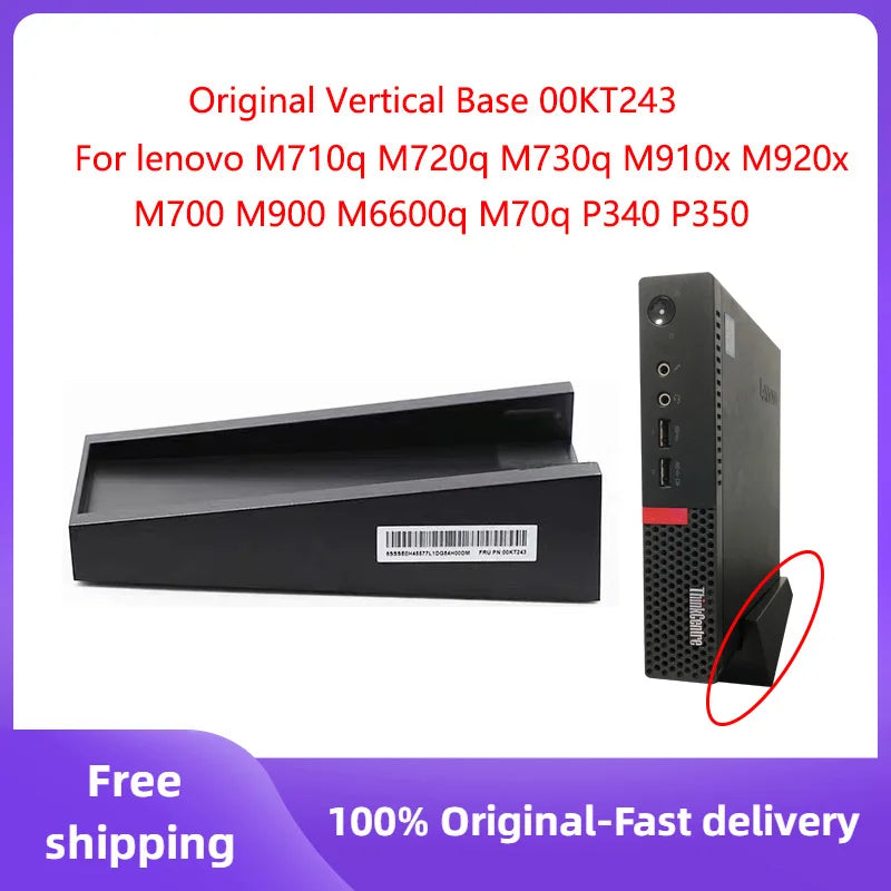 Đế đứng màu đen cho máy Lenovo, có mã vạch, nền tím, chữ đỏ và trắng.