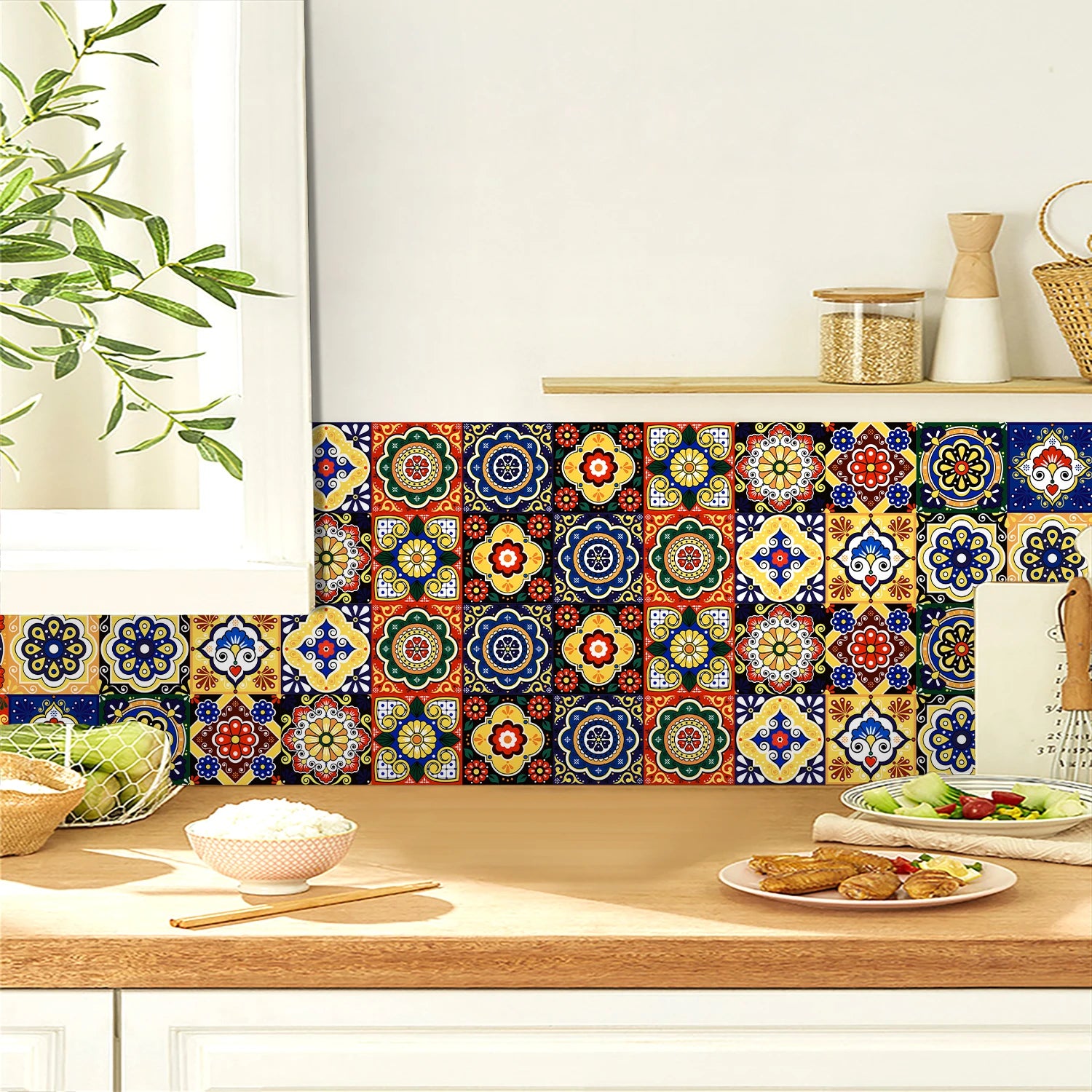 Colorful Mandala Pattern Ceramic Tile Wall Sticker Kitchen BackSplash Bathroom Waterproof Peel & Stick Home Decor Art Wallpaper