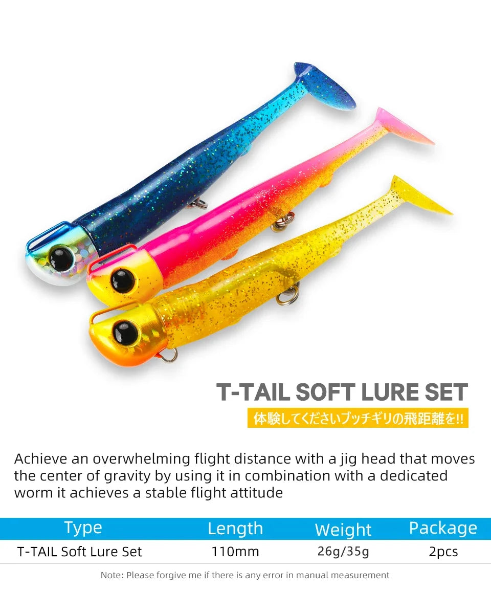 TSURINOYA Sinking Large Baits 110mm/35g Long Casting Jig Head T Tail Soft Lure Set 2pcs Tail Flounder Seabass Fishing Lure