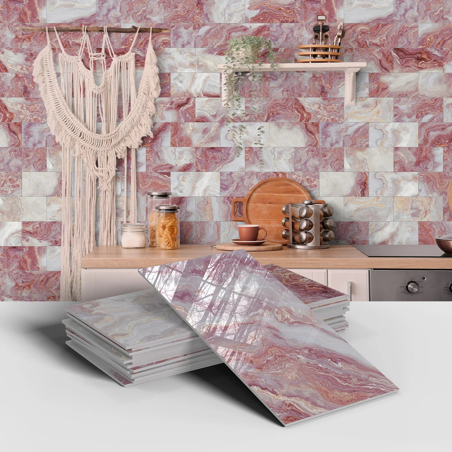 Set of 16 Waterproof Stone Pattern Foam Wall Stickers for Kitchen