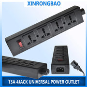 Ổ điện đen 4 lỗ, có công tắc bật đỏ, dây cắm rời; nền xanh nhạt.