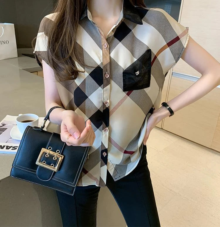 Office Wear Short Sleeve Chiffon Casual Pretty and Cheap Women's Blouses Korean Plaid Youth Woman Buttoned Shirts Trends Top Hot - Daisan Mart