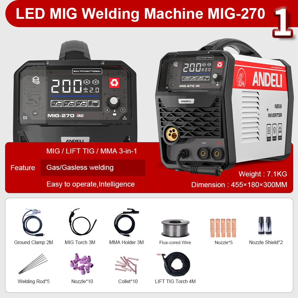 ANDELI MIG-270 Semi-automatic Welding Machine 3 in 1 MIG/Lift TIG/Stick Inverter MIG Welder Gas/Gasless Welding for Household - Daisan Mart