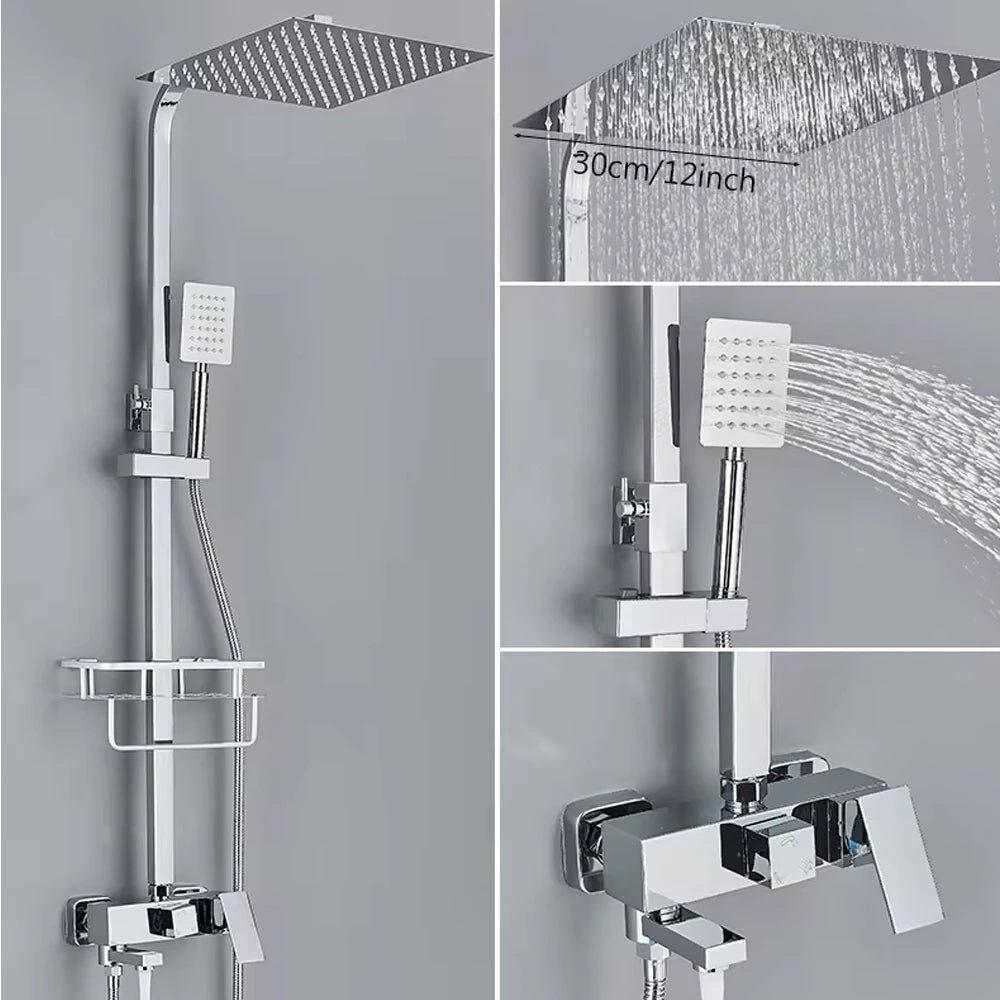 Chrome Brass Shower Faucet Set Rainfall Bathtub Tap With Bathroom Shelf 4 Function Height Adjust Shower Mixer Crane Fast Delivey