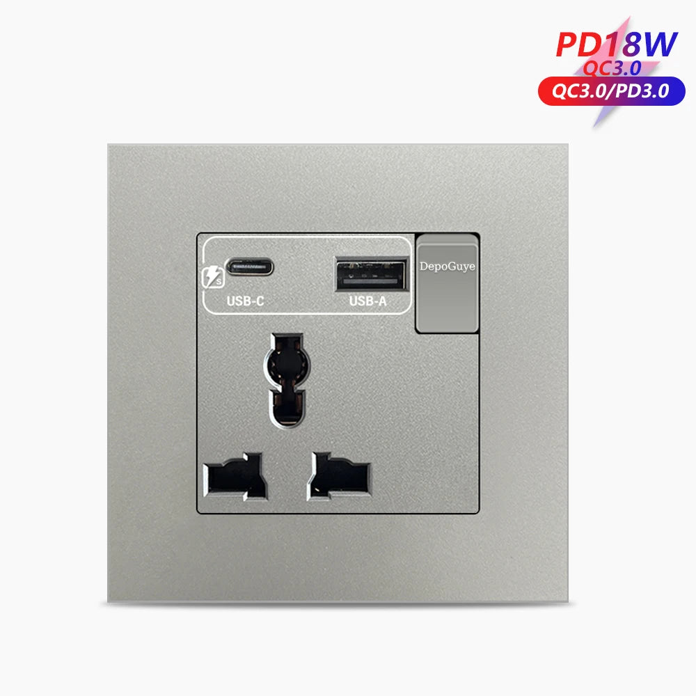 Universal 18W Type-C Plug Quick Charging Dual 3-pin Power Socket 220V,Wall electrical Socket with DC 5V 3.1A Type-c USB Charger